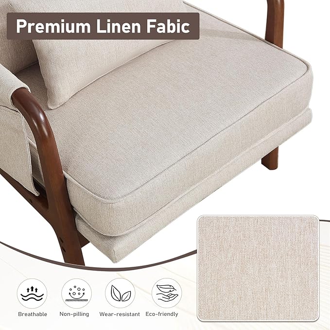 ANJ Mid Century Modern Accent Chair Set of 2, Lounge Reading Armchair with Extra Side Pocket & Detachable Cushion, Comfy Fabric Accent Chairs for Living Room, Bedroom,Beige