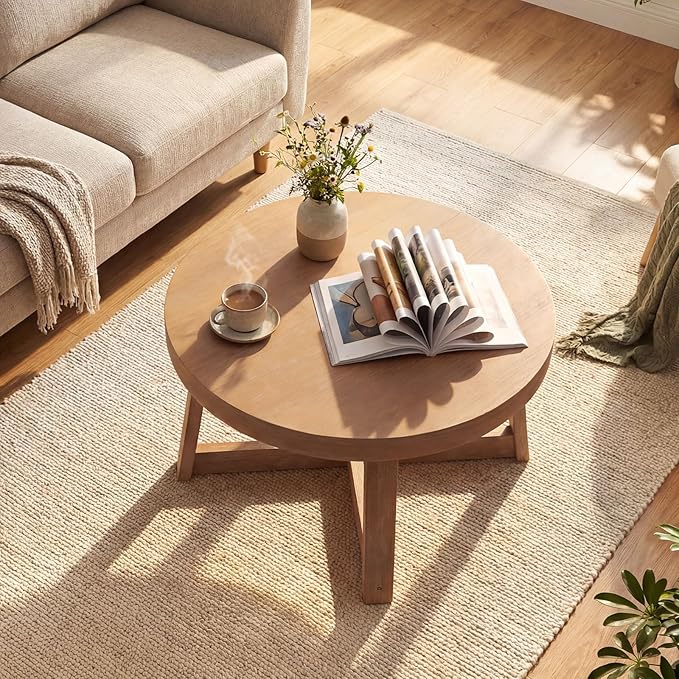 Giantex Round Coffee Table, 30" Wood Center Table with Thickened Tabletop & Cross-Shaped Pine Wood Frame, 220 lbs Capacity, Modern Living Room Table for Small Spaces, Natural