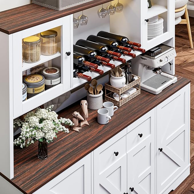 VVFLU 68" Tall Kitchen Pantry Storage Cabinet with Charging Station, 55" Wide Kitchen Hutch Cabinet with Large Countertop, Farmhouse Buffet Cabinet with Wine Holder & Wine Rack for Dining Room, White