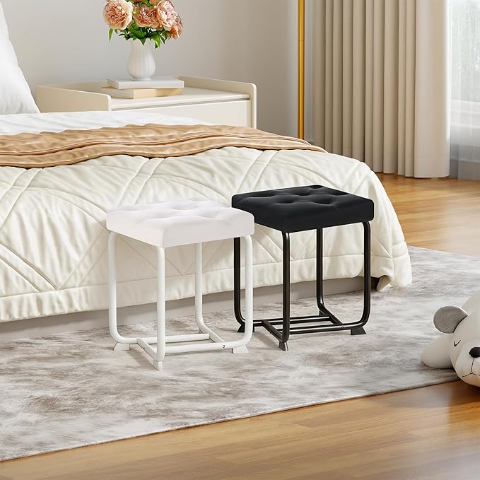BEWISHOME Black Vanity Stool, Leather Vanity Stool, Small Stool Chair for Vanity, Square Ottoman Foot Stool, Makeup Vanity Chairs with Thick Padded Seat for Small Spaces, Bathroom, Bedroom, Entryway