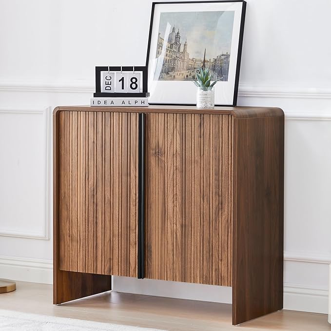 Bifins 31.5” Fluted Sideboard Buffet Cabinet with Storage,Mid Century Modern Small Wood Storage Cabinet with Arched Profile for Dining Room Kitchen Living Room (Brown 1pc)