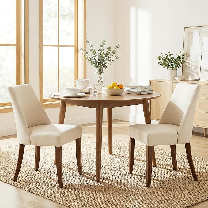 Wooden Dining Chairs Set of 2, Upholstered Farmhouse Fabric Dining Room Chair, Mid Century Kitchen Chair for Restaurant & Cafe, Beige