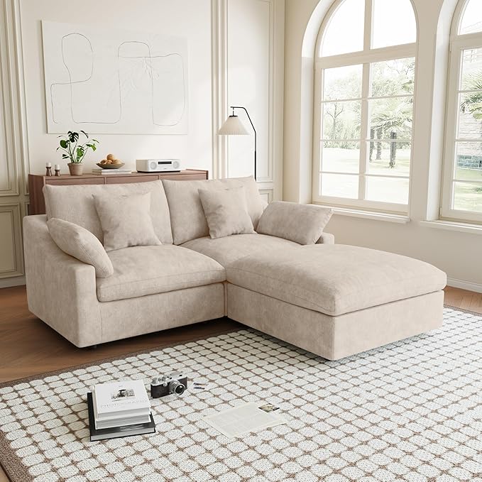 Modular Sectional Sofa Cloud Couch, 82.68" Loveseat Sofa with Chaise Ottoman, Linen Blend Fabric Minimalist Deep Seat Sectional Couches for Apartment Small Space, Khaki Sofa Covers Washable&Removable