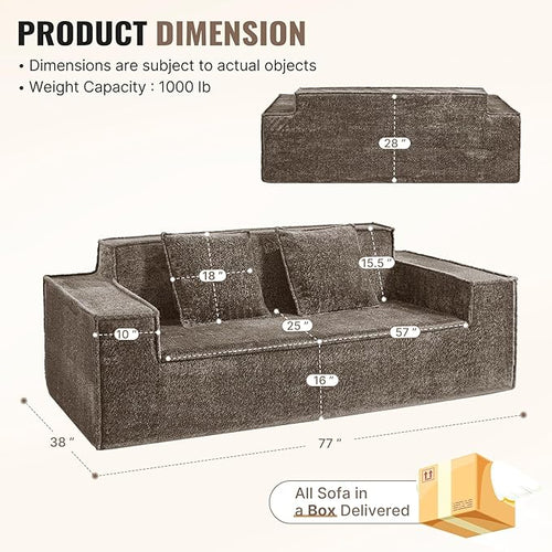 77'' Modern Cloud Loveseat Sofa in Chenille, Deep Seat Boneless Couches Includes 2 pcs Pillows for Living Room, Bedroom, Apartment(Coffe)
