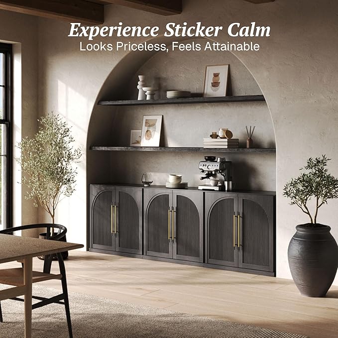 BELLEZE Set of 2 Modular Sideboard with Double-Arc Wood Doors, 65'' Arched Buffet Cabinet with Storage and Adjustable Shelves, Classic Modern Credenza for Dining Room Living Room Entryway (Ebony)
