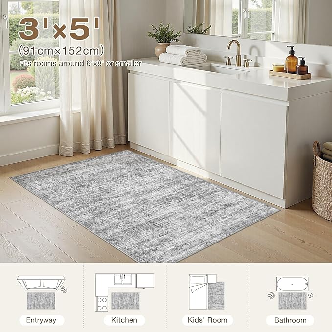 cotiled Large Area Rugs for Living Room, Machine Washable Rugs with Non Slip Backing Modern Neutral Abstract Rugs Stain Resistant Distressed Carpets for Home Office Decor (3x5 Dark Grey)