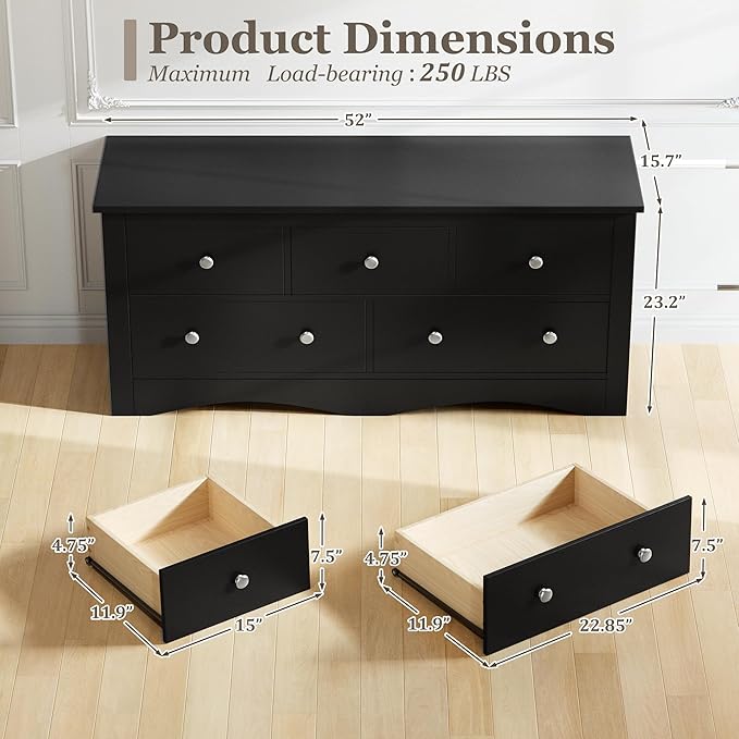 Furmax Dresser for Bedroom, 5 Wood Dresser, Chest of Drawers, for TV up to 65 inch, TV Stand Storage Chest of Drawers for Hallway Entryway (Black)