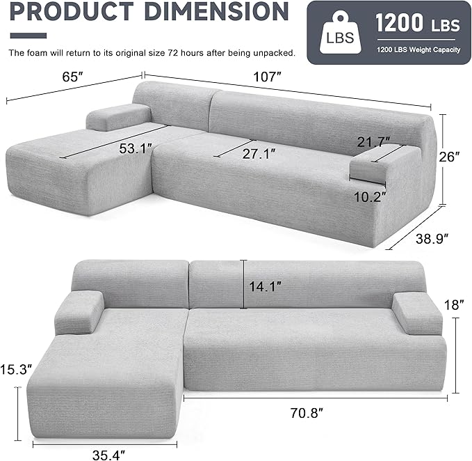 Weture 107" Modular Sectional Cloud Couch, Boneless couches Sponge sectionals for Living Room, High Density Sponges Sofa, Modular L-Shape with Chaise, Lightgrey