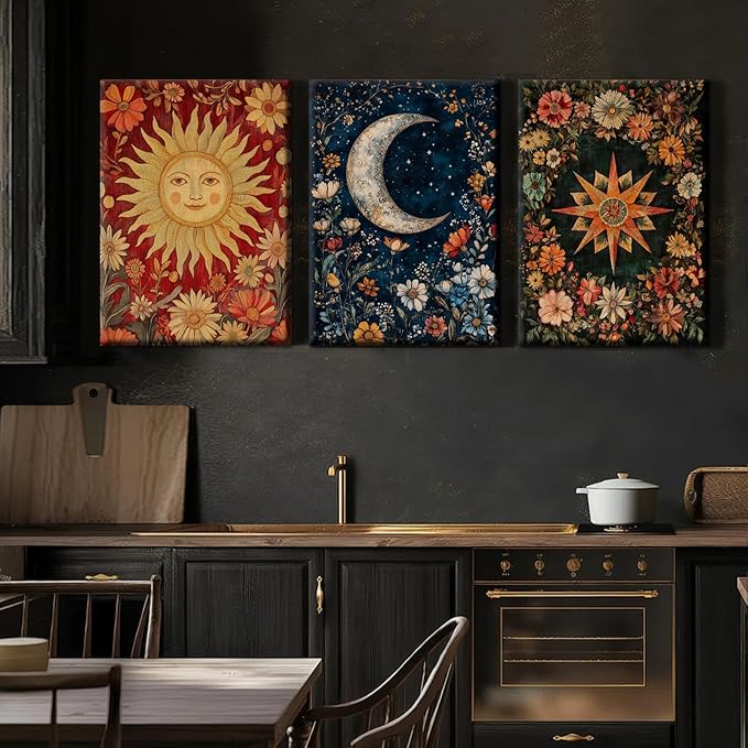 Moon Sun Star Celestial Wall Art Tarot Card Vintage Poster Decor Gothic Witchy Aesthetic Canvas Wall Art Flower Mystical Astrology Painting Dark Academia Poster for Bedroom 12x16x3 Inch Wrapped Canvas