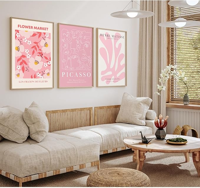 Matisse Abstract Wall Art Decor Pink Flower Canvas Pictures Picasso Aesthetic Wall Art Henri Matisse Prints Poster Abstract Flower Painting Market Artwork for Bedroom 16x24 Inch Unframed Set of 3