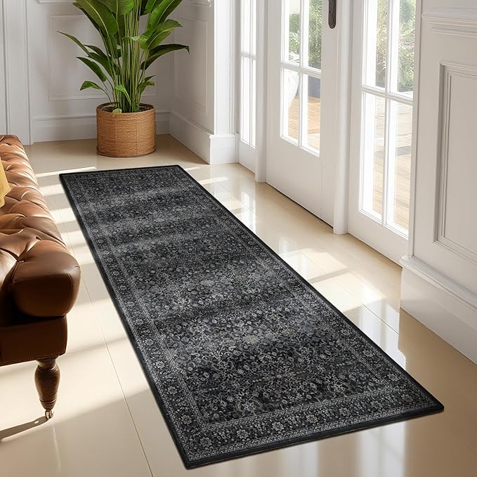 Dark 2x7 Hallway Runner Rug Non Slip, Vintage Charcoal Entryway Rugs for Inside House Mudroom, Kitchen Runner Rugs Non Skid Washable, Carpet Runner for Bathroom Laundry Room Bedroom, Midnight