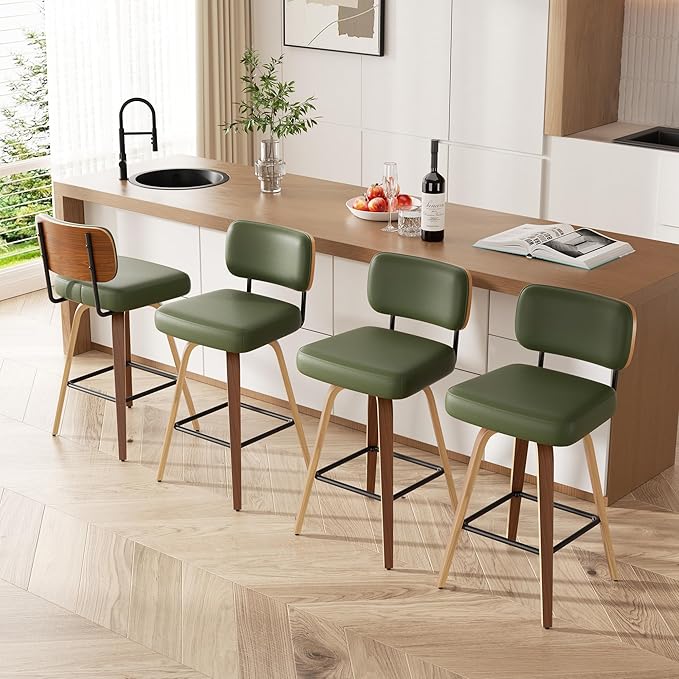 Swivel Bar Stools Set of 4, 26" Upholstered Faux Leather Counter Height Barstools with Walnut Back & Bentwood Legs, Mid Century Modern Bar Chairs Island Stools for Kitchen Counter, Green