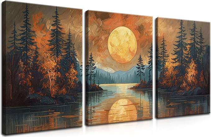Framed Gold Mountain Forest Sunset Landscape Wall Art Set of 3, Abstract Boho Lakeside Forest Sunset Wall Decor, Vintage Nature Landscape Canvas Prints Poster for Living Room Bedroom Office 16x24 Inch