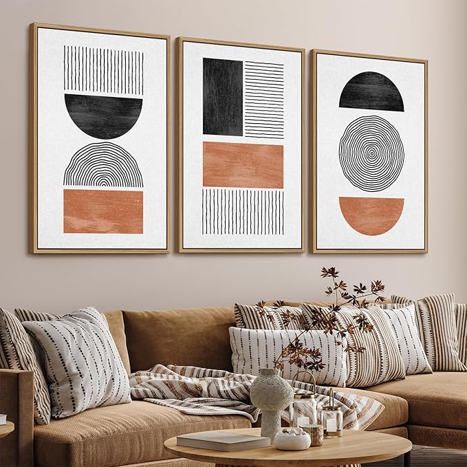 arteWOODS Framed Wall Art Canvas Set Mid Century Boho Pictures Modern Geometric Wall Decor Minimalist Black Brown Bohemian Abstract Painting Artwork for Living Room Bedroom Office 32" x 48" *3 Natural