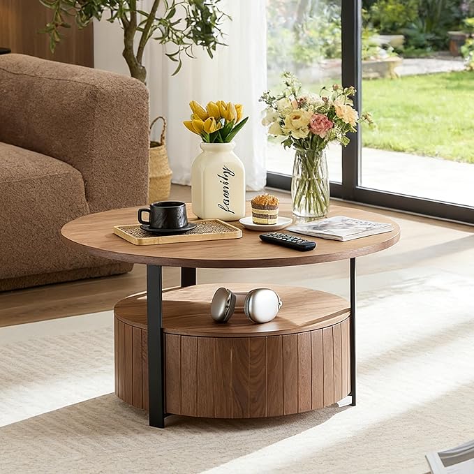 33.07" Round Coffee Table with Storage, 2 Tier Modern Wood Center Table with Drawer, 2 Tiers and 1 Drawer, Accent Table for Living Room, Apartment, Small Space.(Walnut)