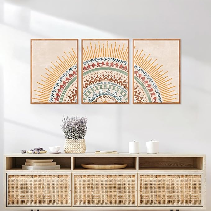 HPINUB Boho Sun Framed Canvas Wall Art Set, (Set of 3,12X16 Inch) Mid-Century Modern Wall Decor, Minimalism Bohemian Wall Painting, Abstract Geometric Pattern Art Print for Living Room,Bedroom,Office