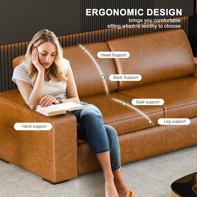 ELUCHANG 85" Faux Leather Sofa Couches, 3 Seater Mid-Century Modern Sofa with Extra Deep Seats, Upholstered Cushion&Removable Cover, Comfy Couch for Small Space Living Room Apartment, Brown