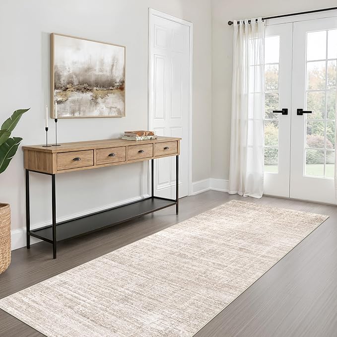 Runner Rug Non-Slip Kitchen Rug: 3x8 Washable Abstract Modern Soft Stain Resistant Indoor Floor Neutral Accent Throw Carpet for Hallway Bathroom Laundry Room Bedroom Entryway- Beige