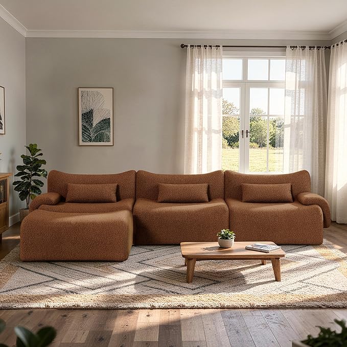 Cloud Couch Sectional, L Shaped Boneless Couches for Living Room - Oversized Modular Sofa with Deep Seats, Modern Couches with Movable Ottoman,Brown(red Brown)