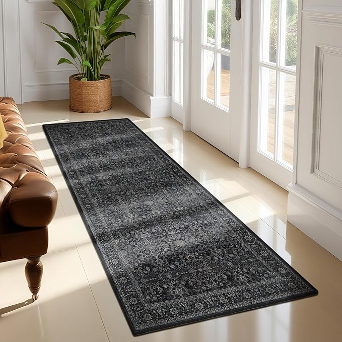 Dark 2x6 Runner Rug for Hallways Entryway, Vintage Earth Tone Kitchen Bathroom Runner 6ft, Non Slip Washable Low Pile Thin Carpet Runner for Mudroom/Laundry Room/Bedroom Bedside, Midnight