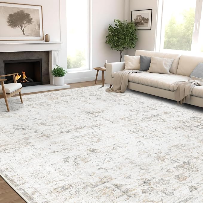 Washable 8×10 Area Rug for Living Room, Vintage Floral Rug Soft Non Slip Stain Resistant Boho Carpet for Bedroom Dinning Room Home Office Beige New
