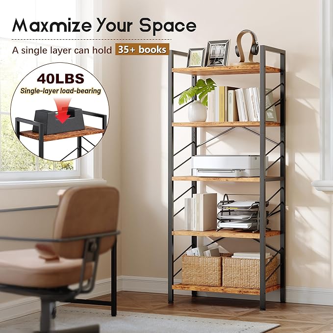 DurayLoly 2 Pieces Book Shelf, 5 Tier Tall Bookshelf with Metal Frame and Sidebars, Modern Bookcase for Bedroom, Home Office and Living Room, Rustic Brown