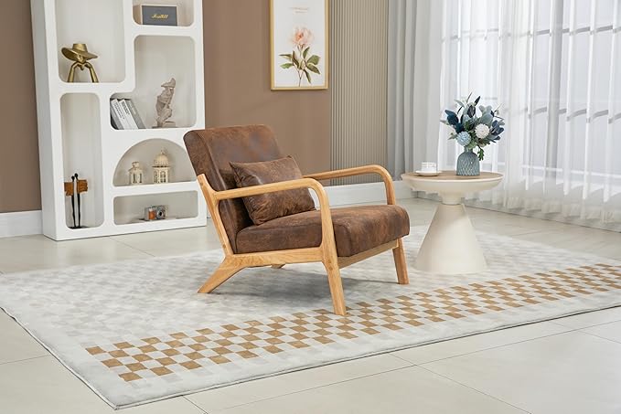 KEIKI Mid Century Modern Accent Chair Wood Frame, Cotton Linen Warm Lounge Armchair for Living Room Bedroom Reading Nook Small Space, Rustic Seat with Waist Cushion, Padded, Easy Setup, Antique Brown