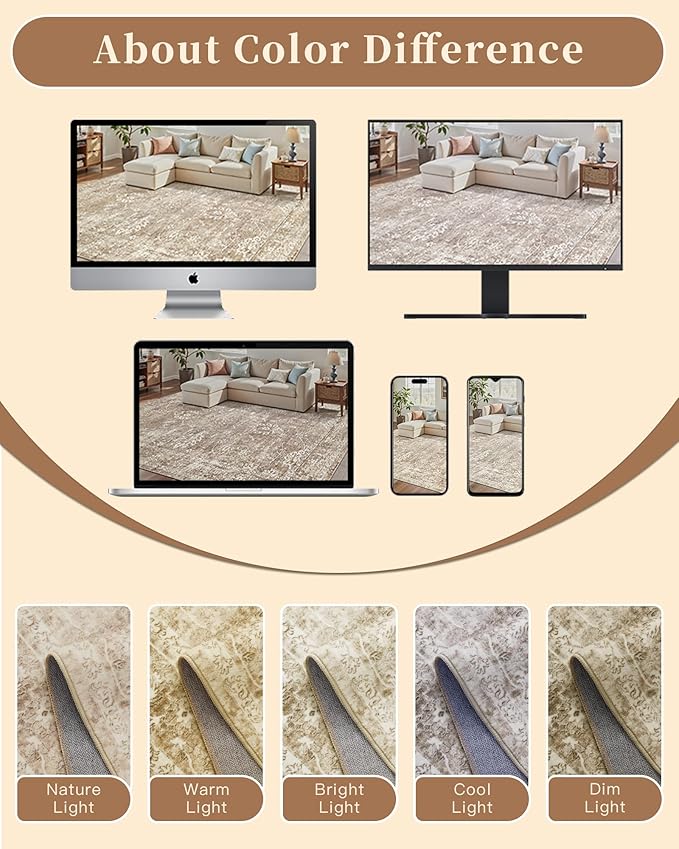 Madane 5x7 Area Rugs for Living Room, Washable Vintage Neutral Rug with Non-Slip Backing, Soft Floral Print Throw Rugs Floor Low Pile Carpet for Bedroom Dining Room Farmhouse (5 x 7, Beige/Brown)