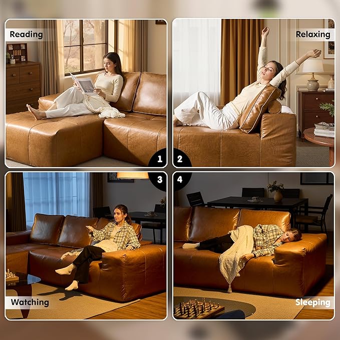ovios 106" Cloud Boneless Couch with L-Shape Chaise,Modern Sectional Modular Sofa with Deep Seat, Upholstered Couches for Living Room Bedroom,No Assembly Required, Brown