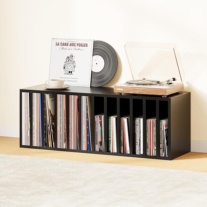 IOTXY DIY Modular Cube Bookcase - CubeXY Customizable Stackable Expandable Basic Shelving Units, 12-Cube Wooden Open Bookshelf with Removable Shelves for 10-inch Vinyl Record Storage Organizer, Black