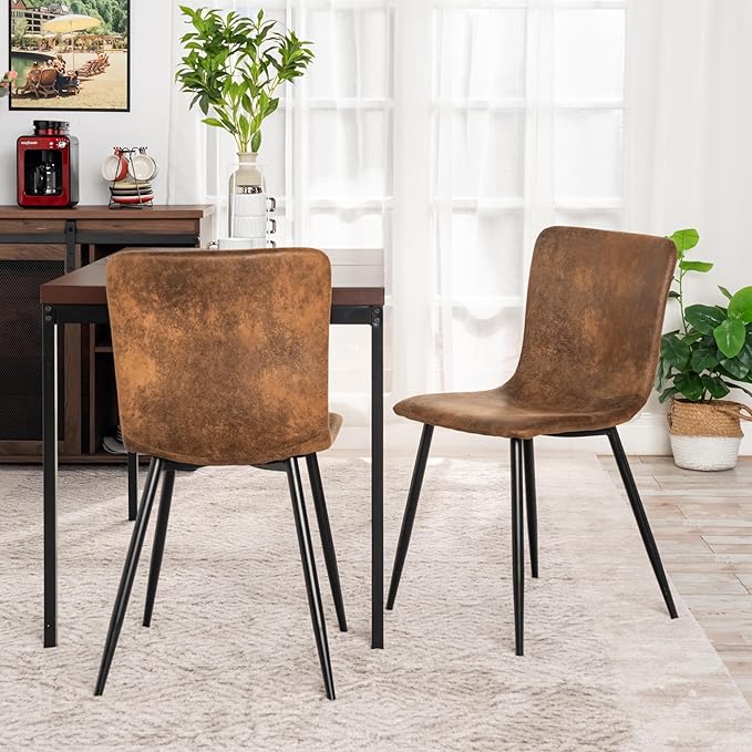 FurnitureR Set of 2 Dining Chairs, Suede Upholstered Side Chair with Mid Back, Soft Seat and Sturdy Metal Legs for Kitchen Dining Room, Brown