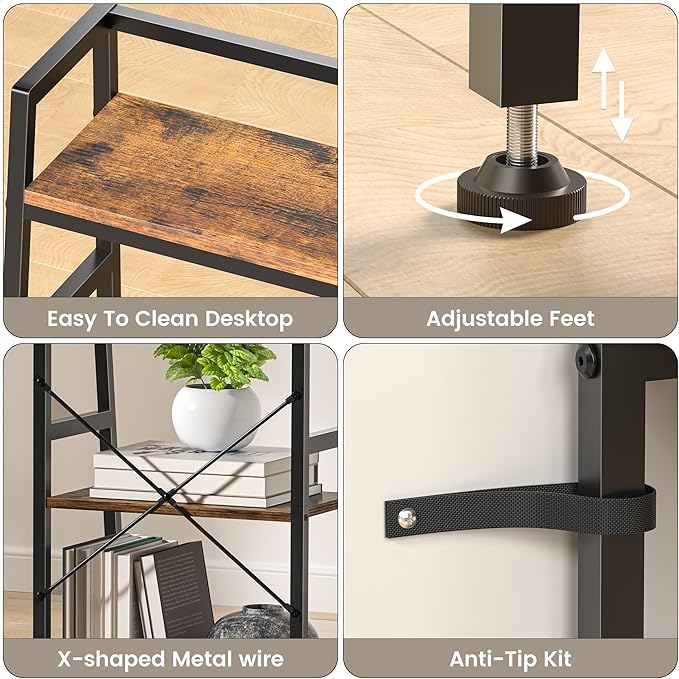 4-Tier Bookshelf, Ladder Shelf, Stand Up Shelves, Industrial Bookcase with Steel Frame, Metal Small Bookcase, for Living Room, Home Office, Kitchen, Bedroom, Industrial Style （Rustic Brown & Black）