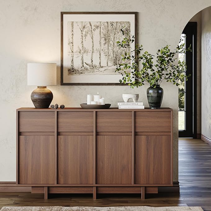 CHUWELL 55" Sideboard Buffet Cabinet,Walnut Coffee Bar Cabinet with 4 Sliding Doors and 4 Drawers,Minimalist Linear Design & Handleless Design Sideboard for Living Room