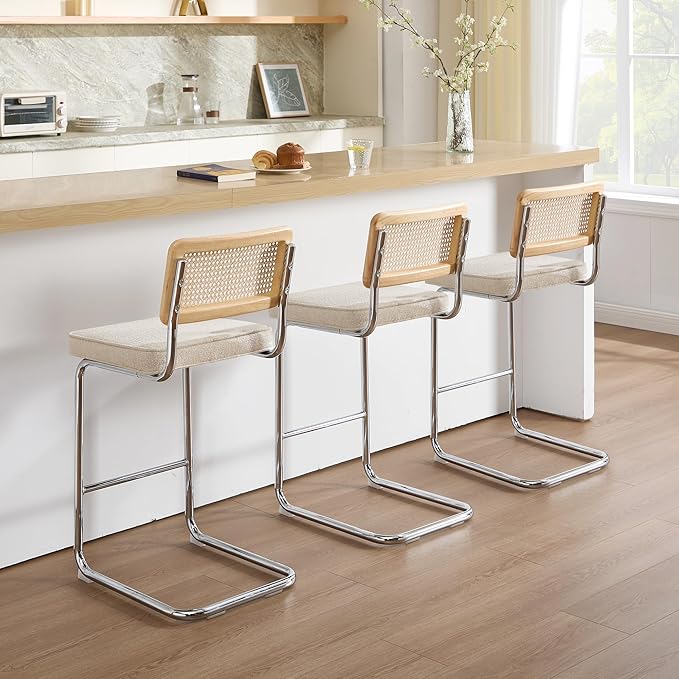 Zesthouse Natural Rattan Counter Stools Set of 2, 26" Modern Counter Height Barstools, Thick Linen Bar Stools with Solid Wood Back, Mid Century Cantilever Bar Chairs for Kitchen Island Beige Yellowish