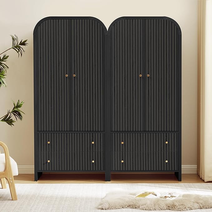 LEVNARY Arched Armoire Wardrobe Closet, Mid-Century Modern 2-Door Freestanding Wardrobe with Hanging Rod and 2 Drawers, Fluted Carved Clothing Storage Cabinet for Bedroom (Black)
