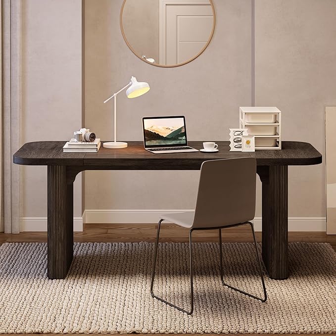 LITTLE TREE 62-Inch Computer Desk, Large Simple Writing Desk with Fluted Double Pedestal, Modern Home Office Desk, Wooden 5 Ft Small Conference Meeting Seminar Table, Charcoal Black