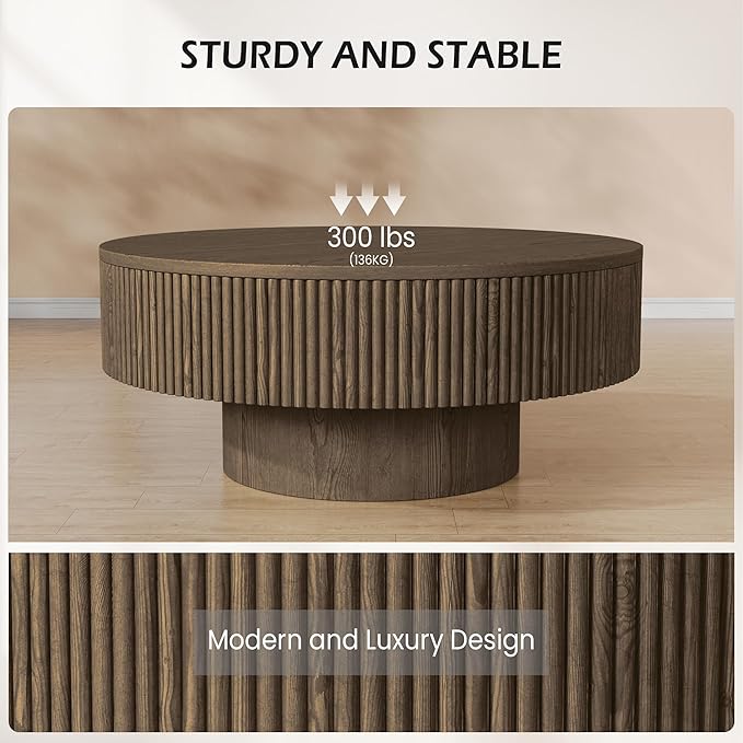 YOUDENOVA 35” Round Fluted Coffee Table, Modern Wood Circle Coffee Table, Veneer Handcrafted Relief Tea Table with Sturdy Pedestal for Living Room, Easy Assembly - Brown
