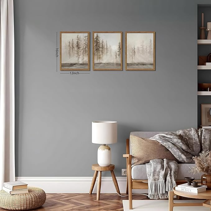 Framed Forest Wall Art Set of 3, Vintage Neutral Tree Canvas Wall Decor Paintings, Abstract Nature Landscape Artwork Pictures Prints for Living Room Office Bedroom 12x16 Inch
