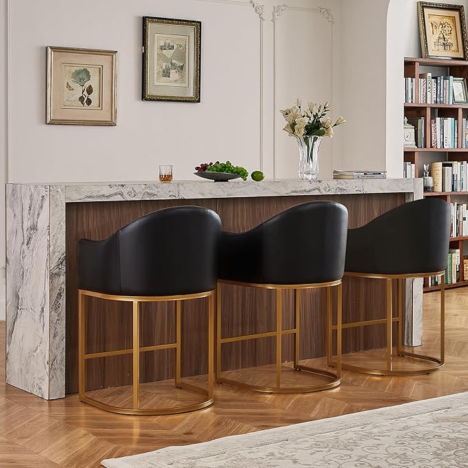26" Modern Counter Height Bar Stools,Barstools with Arms,Kitchen Island Chairs,PU Leather Upholstered Barrel Bar stools with Backs,Metal Gold Frames,Ink Black Leather