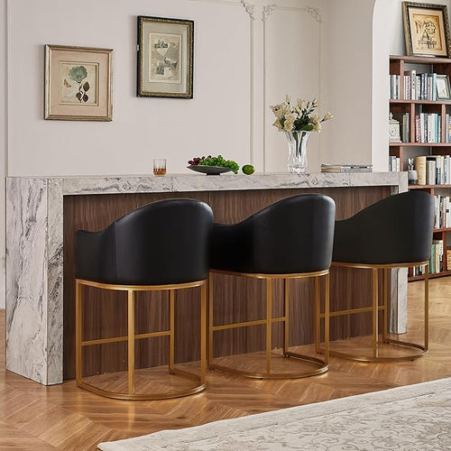 26" Modern Counter Height Bar Stools,Barstools with Arms,Kitchen Island Chairs,PU Leather Upholstered Barrel Bar stools with Backs,Metal Gold Frames,Ink Black Leather