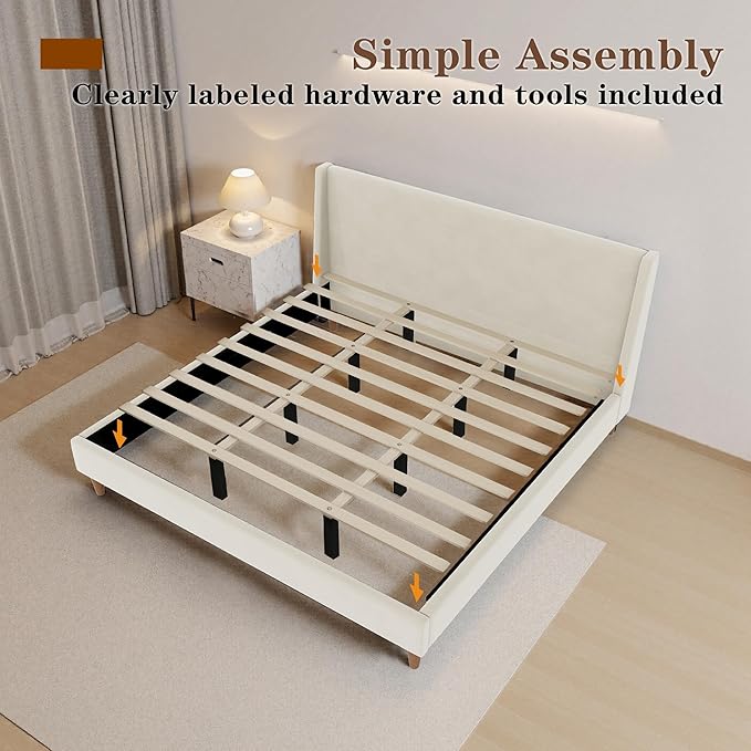 King Size Upholstered Platform Bed Frame, Modern Wingback Bed with Headboard, Upholstered Bed Frames with Walnut Wooden Legs, No Box Spring Needed/Easy Assembly, Beige Velvet