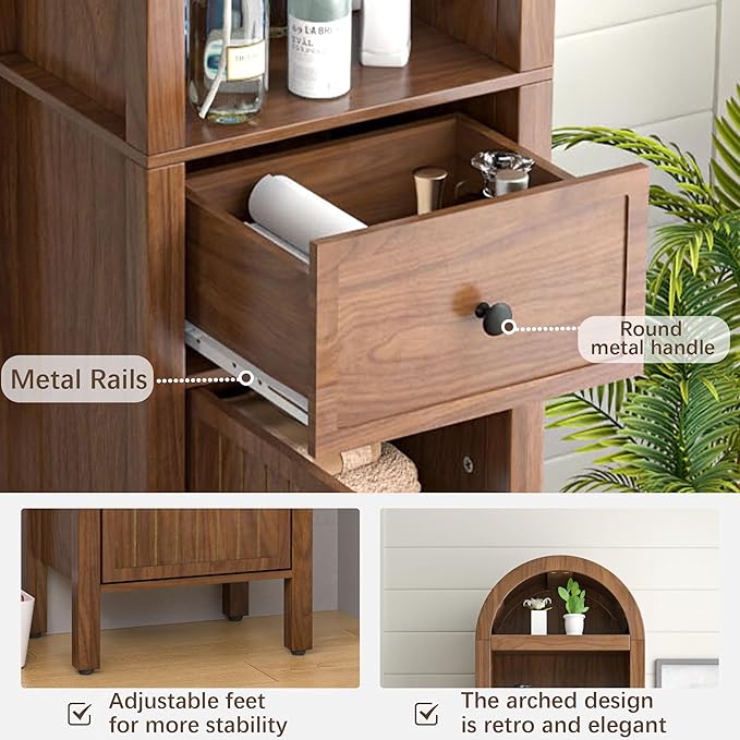 Lxsxlome 64" Tall Bathroom Storage Cabinet with Adjustable Shelves,Tall Narrow Arched Freestanding Tower Cabinet with Fluted Doors and Drawers,Space Saving Organizer for Bathroom Living Room (Walnut)