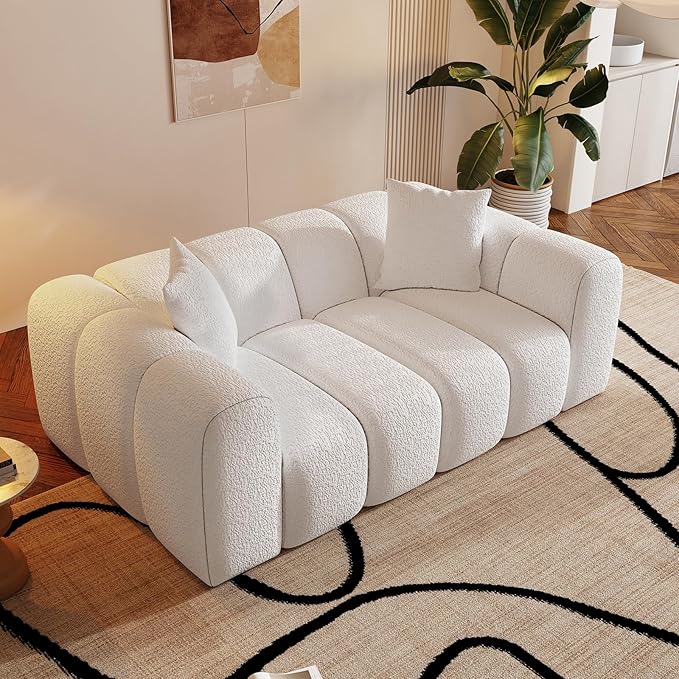 WHGBJA 70" Modern Chenille Fabric Sofa Couch – One-Piece Memory Foam 3-Seater Sofa with Rounded Arms, Soft & Cozy Upholstery for Living Room (White)