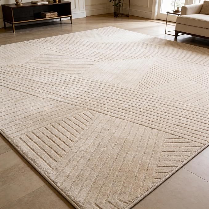 5x7 Solid Color Area Rugs, Brown Modern Geometric Rug, Living Room Rug, Durable Non-Slip Soft High-Low Pile, Fluffy Floor Rugs for Bedroom, Kids Room, Nursery, Home Décor, Light Brown