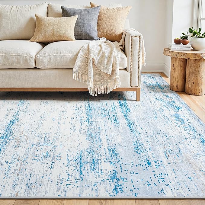 8x10 Area Rugs Washable Rug:Anti-Skid Abstract Modern Living Room Rug Soft Thin Carpets Indoor Floor Non-Shedding Carpet for Bedroom Dining Farmhouse Nursery Home Office(Light Blue/White/Beige, 8x10)