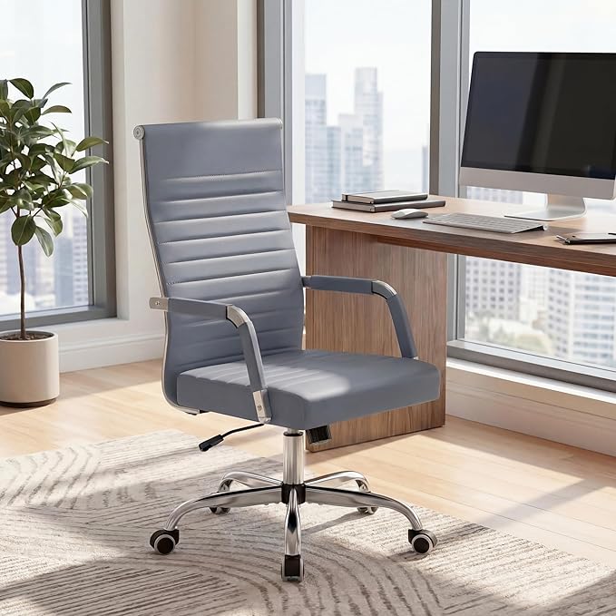Furmax Ergonomic Office Desk Chair, Executive Ribbed Mid-Back PU Leather Conference Room Chair Adjustable Swivel Chair with Arms (1, Grey)