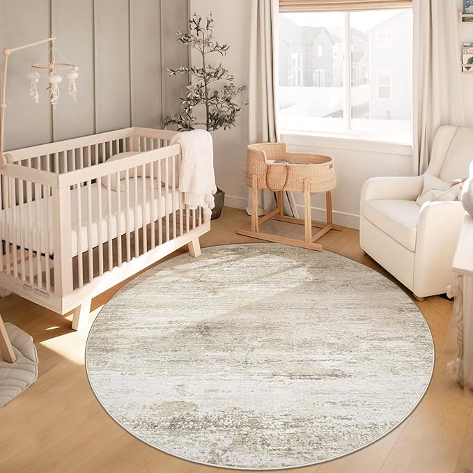 Washable Round Rug 4ft for Bedroom: Circle Neutral Soft Rug Abstract Non Slip Low Pile Modern Area Rugs for Living Room Nursery Office Dining Kids Boys Girls Room Farmhouse Dorm (Beige, 4' Round)