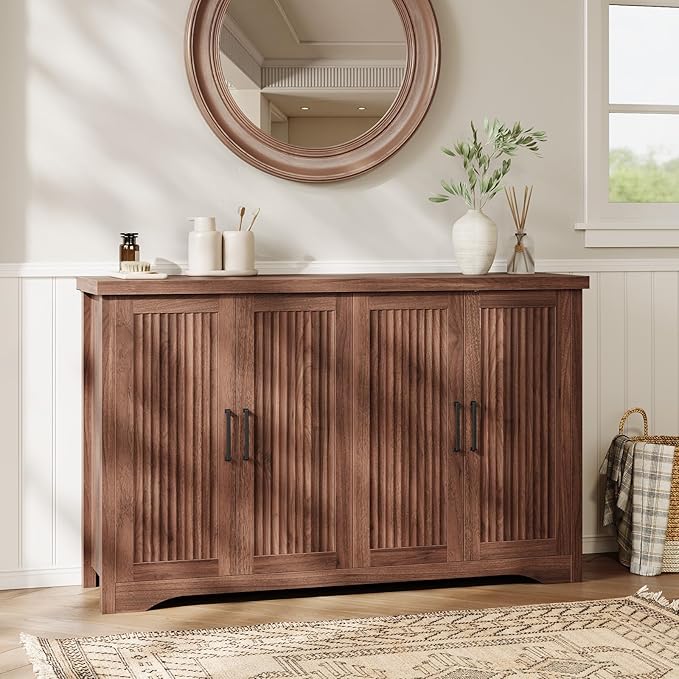 Memobarco Fluted Buffet Cabinet with Storage Accent Sideboard,Modern Credenza with 4 Doors & Adjustable Shelves,Wood Coffee Bar Table Console for Dining Room Kitchen Living Room Entryway, Walnut