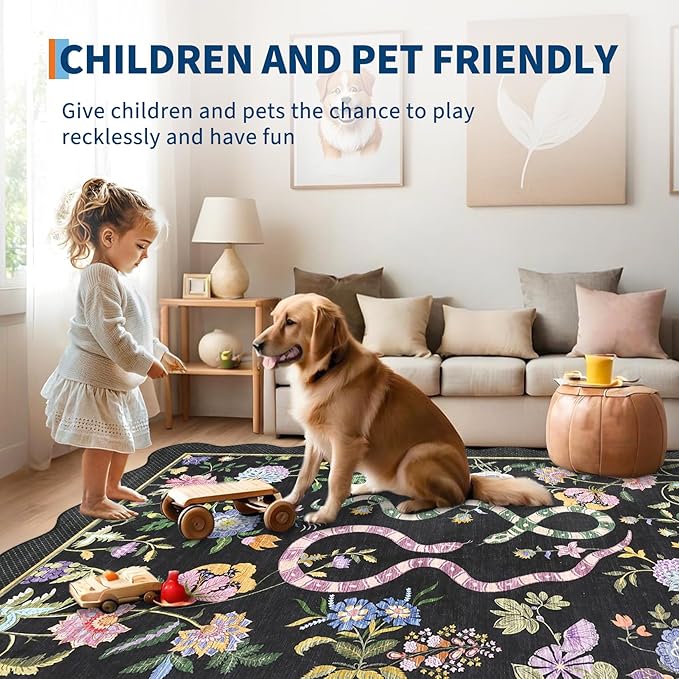 Garvee Washable 9x12 Area Rugs for Living Room Non Slip Botanical Snake Rugs for Bedroom, Boho Scalloped Stain-Resistant Dining Room Rug for Under Table Carpet for Home Office Playroom Farmhouse,Black