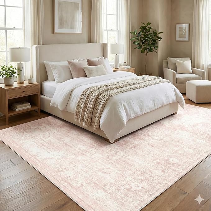 Homemate Washable Rug 6x9 Area Rugs - Vintage Faux Wool Rugs for Living Room Bedroom Dining Room - Non Slip Foldable Carpet Indoor Area Rug for Home Decor（6'x9', Pink